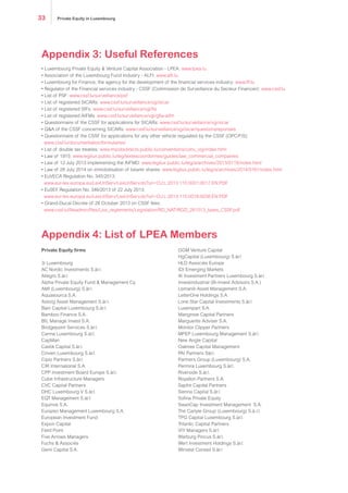Private Equity firms
3i Luxembourg
AC Nordic Investments S.àr.l.
Allegro S.àr.l.
Alpha Private Equity Fund & Management Cy.
AMI (Luxembourg) S.àr.l.
Aquasourca S.A.
Astorg Asset Management S.àr.l.
Bain Capital Luxembourg S.àr.l.
Bamboo Finance S.A.
BIL Manage Invest S.A.
Bridgepoint Services S.àr.l.
Canna Luxembourg S.àr.l.
CapMan
Castik Capital S.àr.l.
Cinven Luxembourg S.àr.l.
Cipio Partners S.àr.l.
CIR International S.A.
CPP Investment Board Europe S.àr.l.
Cube Infrastructure Managers
CVC Capital Partners
DHC Luxembourg V S.àr.l.
EQT Management S.àr.l.
Equinox S.A.
Eurazeo Management Luxembourg S.A.
European Investment Fund
Expon Capital
Field Point
Five Arrows Managers
Fuchs & Associés
Genii Capital S.A.
HgCapital (Luxembourg) S.àr.l
HLD Associés Europe
IDI Emerging Markets
IK Investment Partners Luxembourg S.àr.l.
Investindustrial (Bi-Invest Advisors S.A.)
Lemanik Asset Management S.A.
LetterOne Holdings S.A.
Lone Star Capital Investments S.àr.l.
Luxempart S.A.
Mangrove Capital Partners
Marguerite Adviser S.A.
Monitor Clipper Partners
MPEP Luxembourg Management S.àr.l.
New Angle Capital
Oaktree Capital Management
PAI Partners Sàr.l.
Partners Group (Luxembourg) S.A.
Permira Luxembourg S.àr.l.
Riverside S.àr.l.
Royalton Partners S.A.
Saphir Capital Partners
Sienna Capital S.àr.l.
Sofina Private Equity
SwanCap Investment Management S.A.
The Carlyle Group (Luxembourg) S.à.r.l.
TPG Capital Luxembourg S.àr.l.
Trilantic Capital Partners
VIY Managers S.àr.l.
Warburg Pincus S.àr.l.
Wert Investment Holdings S.àr.l.
Winvest Conseil S.àr.l.
Appendix 3: Useful References
Appendix 4: List of LPEA Members
• Luxembourg Private Equity & Venture Capital Association - LPEA: www.lpea.lu
• Association of the Luxembourg Fund Industry - ALFI: www.alfi.lu
• Luxembourg for Finance, the agency for the development of the financial services industry: www.lff.lu
• Regulator of the Financial services industry - CSSF (Commission de Surveillance du Secteur Financier): www.cssf.lu
• List of PSF: www.cssf.lu/surveillance/psf
• List of registered SICARs: www.cssf.lu/surveillance/vgi/sicar
• List of registered SIFs: www.cssf.lu/surveillance/vgi/fis
• List of registered AIFMs: www.cssf.lu/surveillance/vgi/gfia-aifm
• Questionnaire of the CSSF for applications for SICARs: www.cssf.lu/surveillance/vgi/sicar
• Q&A of the CSSF concerning SICARs: www.cssf.lu/surveillance/vgi/sicar/questionsreponses
• Questionnaire of the CSSF for applications for any other vehicle regulated by the CSSF (OPC/FIS):
www.cssf.lu/documentation/formulaires/
• List of double tax treaties: www.impotsdirects.public.lu/conventions/conv_vig/index.html
• Law of 1915: www.legilux.public.lu/leg/textescoordonnes/guides/law_commercial_companies
• Law of 12 July 2013 implementing the AIFMD: www.legilux.public.lu/leg/a/archives/2013/0119/index.html
• Law of 28 July 2014 on immobilisation of bearer shares: www.legilux.public.lu/leg/a/archives/2014/0161/index.html
• EuVECA Regulation No. 345/2013:
www.eur-lex.europa.eu/LexUriServ/LexUriServ.do?uri=OJ:L:2013:115:0001:0017:EN:PDF
• EuSEF Regulation No. 346/2013 of 22 July 2013:
www.eur-lex.europa.eu/LexUriServ/LexUriServ.do?uri=OJ:L:2013:115:0018:0038:EN:PDF
• Grand-Ducal Decree of 28 October 2013 on CSSF fees:
www.cssf.lu/fileadmin/files/Lois_reglements/Legislation/RG_NAT/RGD_281013_taxes_CSSF.pdf
Private Equity in Luxembourg33
 