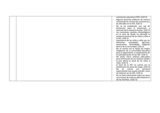 orientación educativa (TOE). (CGE 4)
- Algunos docentes elaboran de manera
concertada las normas de convivencia y
las difunden en la IIEE. (CGE 5)
- No se ha establecido una red de
protección para la prevención y
atención de la violencia escolar. (CGE 5)
- Los constantes cambios climatológicos
en la zona de Shalar ha afectado la
asistencia puntual de los niños y niñas a
la IIEE. (CGE 3)
- Inasistencia de los niños y niñas por las
diferentes actividades agrícolas,
aniversarios, festividades religiosas
dentro de la comunidad. (CGE 3)
- No se cuenta con el apoyo de ningún
integrante de la comunidad educativa
para el seguimiento y cumplimiento de
la calendarización en las IIEE. (CGE 3)
- No existe micro rellenos adecuados
para eliminación de los residuos sólidos
la que afecta la salud de los niños y
niñas. (CGE 3)
- El local de la IIEE no cuenta con la
señalización de zonas de riesgo. (CGE 3)
- No se cuenta con personal
especializado que pueda atender casos
de violencia en las IIEE. (CGE 5)
- No se tiene información sobre los casos
recurrentes de violencia del entorno ni
de las familias. (CGE 5)
 