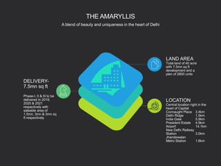 THE AMARYLLIS
A blend of beauty and uniqueness in the heart of Delhi
DELIVERY-
7.5mn sq ft
Phase-I, II & III to be
deliver...