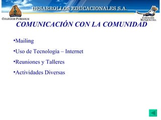 COMUNICACIÓN CON LA COMUNIDAD Mailing Uso de Tecnología – Internet Reuniones y Talleres Actividades Diversas 