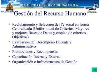 Gestión del Recurso Humano Reclutamiento y Selección del Personal en forma Centralizada (Uniformidad de Criterios, Mayores y mejores Bases de Datos y empleo de criterios Objetivos) Evaluación del Desempeño Docente y Administrativo Promociones y Recompensas Capacitación Interna y Externa Organización e Infraestructura de Gestión 