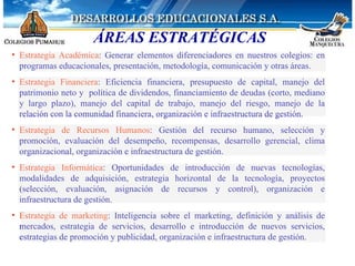 Estrategia Académica : Generar elementos diferenciadores en nuestros colegios: en programas educacionales, presentación, metodología, comunicación y otras áreas. Estrategia Financiera : Eficiencia financiera, presupuesto de capital, manejo del patrimonio neto y  política de dividendos, financiamiento de deudas (corto, mediano y largo plazo), manejo del capital de trabajo, manejo del riesgo, manejo de la relación con la comunidad financiera, organización e infraestructura de gestión. Estrategia de Recursos Humanos : Gestión del recurso humano, selección y promoción, evaluación del desempeño, recompensas, desarrollo gerencial, clima organizacional, organización e infraestructura de gestión. Estrategia Informática : Oportunidades de introducción de nuevas tecnologías, modalidades de adquisición, estrategia horizontal de la tecnología, proyectos (selección, evaluación, asignación de recursos y control), organización e infraestructura de gestión. Estrategia de marketing : Inteligencia sobre el marketing, definición y análisis de mercados, estrategia de servicios, desarrollo e introducción de nuevos servicios, estrategias de promoción y publicidad, organización e infraestructura de gestión. ÁREAS ESTRATÉGICAS 