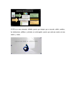El PEI no es una estructura definida puesto que siempre que se necesite sufrirá cambios,
las instituciones públicas y privadas no serán iguales puesto que cada una cuenta con una
misión y visión.
 