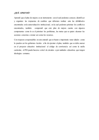 ¿QUÉ APRENDÍ?
Aprendí que el plan de mejora es un instrumento con el cual podemos conocer, identificar
y organizar las respuestas de cambios que debemos realizar ante las debilidades
encontradas en la autoevaluación institucional, en la cual podemos priorizar los conflictos
encontrados, también comprendí que este plan de mejora cuenta con algunos
componentes como lo es el priorizar los problemas, las metas que se quiere alcanzar las
acciones concretas a tomar así como los recursos.
Con respecto a responsables en este entendí que es bueno e importante tener aliados como
lo pueden ser los gobiernos locales a fin de ejecutar el plan, también que se debe anexar
en el proyecto educativo institucional el código de convivencia así como la malla
curricular, el PEI puede hacerse a nivel de circuitos o por unidades educativas que tengan
ideologías comunes.
 
