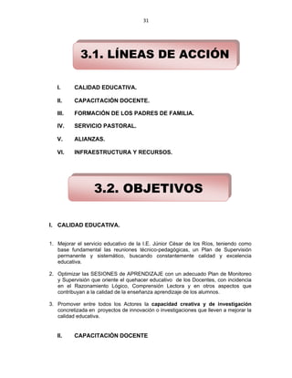 31 
 




                 3.1. LÍNEAS DE ACCIÓN

       I.     CALIDAD EDUCATIVA.

       II.    CAPACITACIÓN DOCENTE.

       III.   FORMACIÓN DE LOS PADRES DE FAMILIA.

       IV.    SERVICIO PASTORAL.

       V.     ALIANZAS.

       VI.    INFRAESTRUCTURA Y RECURSOS.




                      3.2. OBJETIVOS

    I. CALIDAD EDUCATIVA.


    1. Mejorar el servicio educativo de la I.E. Júnior César de los Ríos, teniendo como
       base fundamental las reuniones técnico-pedagógicas, un Plan de Supervisión
       permanente y sistemático, buscando constantemente calidad y excelencia
       educativa.

    2. Optimizar las SESIONES de APRENDIZAJE con un adecuado Plan de Monitoreo
       y Supervisión que oriente el quehacer educativo de los Docentes, con incidencia
       en el Razonamiento Lógico, Comprensión Lectora y en otros aspectos que
       contribuyan a la calidad de la enseñanza aprendizaje de los alumnos.

    3. Promover entre todos los Actores la capacidad creativa y de investigación
       concretizada en proyectos de innovación o investigaciones que lleven a mejorar la
       calidad educativa.


       II.    CAPACITACIÓN DOCENTE
 