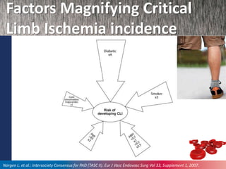 Factors Magnifying Critical
Limb Ischemia incidence
Norgen L. et al.: Intersociety Consensus for PAD (TASC II). Eur J Vasc Endovasc Surg Vol 33, Supplement 1, 2007.
 
