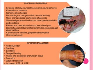 FOOT &ULCER EXAMINATION
• Evaluate etiology:neuropathic,ischemic,neuro-ischemic
• Evaluation of perfusion
• Ischemic skin changes
• Dermatological changes-callus, muscle wasting
• Ulcer characteristics-location,site,shape,size
• Wound edges,wound bed,wound base,paeriwound skin
• and exudates
• Presence of necrosis and wound associated pain
• Biomechanical status-forefoot deformities,weakness,gait
abnormalities
• Complications-cellulitis,gangrene,osteomyelitis
• Charcot deformity
INFECTION EVALUATION
• Red,hot,tender
• Swelling
• Exudates
• Delayed healing
• Friable and discolored granulation tissue
• Foul odor
• Wound breakdown
• Increased ESR & CRP
 
