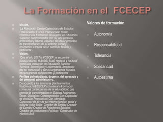    Misión.                                               Valores de formación
   “La Fundación Centro Colombiano de Estudios
    Profesionales FCECEP tiene como misión
    contribuir a la Formación de Sujetos en Educación     o   Autonomía
    Superior, comprometidos con su vida personal,
    profesional y laboral, capaces de liderar procesos
    de transformación de su entorno social y
    económico a través de un currículo flexible y
                                                          o   Responsabilidad
    pertinente”.
    Visión.

   “Que al año 2017 la FCECEP se encuentre
                                                          o   Tolerancia
    posicionada en el ámbito local, regional y nacional
    como una institución de Educación Superior
    Técnica, Tecnológica y Universitaria, acreditada      o   Solidaridad
    por su comunidad y por los organismos oficiales,
    con programas competentes y pertinentes”
   Perfiles del estudiante, docente, del egresado y
    del personal administrativo.
                                                          o   Autoestima
   De acuerdo a los anteriores planteamientos
    filosóficos, la FCECEP considera la Formación
    como una consecuencia de la educabilidad que
    permite la transformación en Sujetos Autónomos-
    Éticos-Dialógicos-Comprometidos-Con Capacidad
    de decisión-Propositivos-Con Identidad-
    Conocedor de sí y de su entorno familiar, social y
    cultural-Actor Socia- Creador de Sentido-Creador
    de Cambio-Creador de Relaciones Sociales-
    Creador de Instituciones Políticas- Constructor de
    Humanidad
 