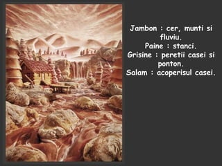 Jambon : cer, munti si
fluviu.
Paine : stanci.
Grisine : peretii casei si
ponton.
Salam : acoperisul casei.
 