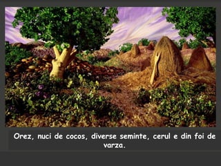 Orez, nuci de cocos, diverse seminte, cerul e din foi de
varza.
 