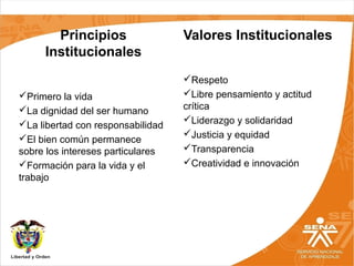 Principios
Institucionales
Primero la vida
La dignidad del ser humano
La libertad con responsabilidad
El bien común permanece
sobre los intereses particulares
Formación para la vida y el
trabajo
Valores Institucionales
Respeto
Libre pensamiento y actitud
crítica
Liderazgo y solidaridad
Justicia y equidad
Transparencia
Creatividad e innovación
 