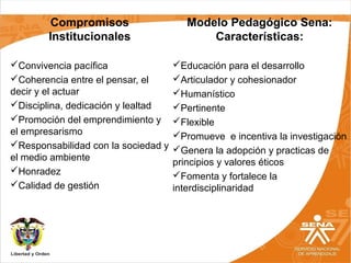 Compromisos
Institucionales
Convivencia pacífica
Coherencia entre el pensar, el
decir y el actuar
Disciplina, dedicación y lealtad
Promoción del emprendimiento y
el empresarismo
Responsabilidad con la sociedad y
el medio ambiente
Honradez
Calidad de gestión
Modelo Pedagógico Sena:
Características:
Educación para el desarrollo
Articulador y cohesionador
Humanístico
Pertinente
Flexible
Promueve e incentiva la investigación
Genera la adopción y practicas de
principios y valores éticos
Fomenta y fortalece la
interdisciplinaridad
 