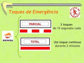 Toques de Emergência
3 toques
de 15 segundos cada
Um toque contínuo
durante 2 minutos
 