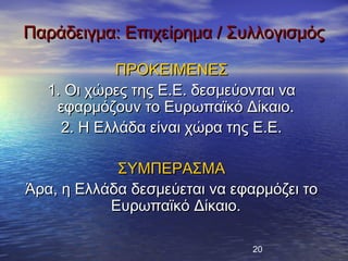 Παράδειγμα: Επιχείρημα / Συλλογισμός

            ΠΡΟΚΕΙΜΕΝΕΣ
   1. Οι χώρες της Ε.Ε. δεσμεύονται να
    εφαρμόζουν το Ευρωπαϊκό Δίκαιο.
     2. Η Ελλάδα είναι χώρα της Ε.Ε.

            ΣΥΜΠΕΡΑΣΜΑ
Άρα, η Ελλάδα δεσμεύεται να εφαρμόζει το
           Ευρωπαϊκό Δίκαιο.

                               20
 