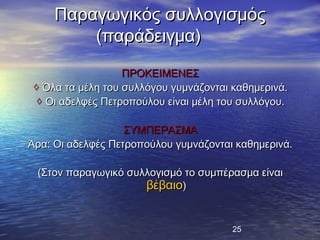Παραγωγικός συλλογισμός
         (παράδειγμα)
                  ΠΡΟΚΕΙΜΕΝΕΣ
◊ Όλα τα μέλη του συλλόγου γυμνάζονται καθημερινά.
◊ Οι αδελφές Πετροπούλου είναι μέλη του συλλόγου.

                   ΣΥΜΠΕΡΑΣΜΑ
Άρα: Οι αδελφές Πετροπούλου γυμνάζονται καθημερινά.

 (Στον παραγωγικό συλλογισμό το συμπέρασμα είναι
                     βέβαιο)


                                       25
 