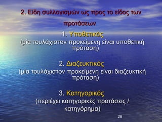 2. Είδη συλλογισμών ως προς το είδος των
               προτάσεων
               1. Υποθετικός
(μία τουλάχιστον προκείμενη είναι υποθετική
                  πρόταση)

              2. Διαζευκτικός
(μία τουλάχιστον προκείμενη είναι διαζευκτική
                  πρόταση)

              3. Κατηγορικός
     (περιέχει κατηγορικές προτάσεις /
                κατηγόρημα)
                                  28
 