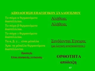 ΑΞΙΟΛΟΓΗΣΗ ΕΠΑΓΩΓΙΚΟΥ ΣΥΛΛΟΓΙΣΜΟΥ
Το σώμα α θερμαινόμενο           Αλήθεια;
διαστέλλεται.
Το σώμα β θερμαινόμενο           Αλήθεια;
διαστέλλεται.
Το σώμα γ θερμαινόμενο
διαστέλλεται.
Τα α, β, γ… είναι μέταλλα        Συνδέονται Έγκυρα;
Άρα: τα μέταλλα θερμαινόμενα     (με λογική αναγκαιότητα;)
διαστέλλονται
            Προσοχή:
    Είναι επισφαλής γενίκευση;       ΟΡΘΟΤΗΤΑ
                                      απόδειξη
                                              47
 