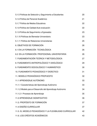 5.1.5 Políticas de Selección y Seguimiento a Estudiantes    20

5.1.6 Política de Personal Académico                        21

5.1.7 Política de Medios Educativos                         22

5.1.8 Política de Calidad-Auto evaluación                   22

5.1.9 Política de Seguimiento a Egresados                   23

5.1.10 Políticas de Bienestar Universitario                 23

5.1.11 Política de Relaciones Universitarias                25

6. OBJETIVOS DE FORMACIÓN                                   26

6.1 EN LA FORMACIÓN TECNOLÓGICA                             26

6.2 EN LA FORMACIÓN PROFESIONAL UNIVERSITARIA               26

7. FUNDAMENTACIÓN TEÓRICA Y METODOLÓGICA                    27

8. FUNDAMENTO ANTROPOLÓGICO Y AXIOLÓGICO                    29

9. FUNDAMENTO SOCIOLÓGICO Y HUMANÍSTICO                     30

10. FUNDAMENTO PEDAGÓGICO Y DIDÁCTICO                       31

11. MODELO PEDAGÓGICO PROPUESTO                             32

11.1 APRENDIZAJE AUTÓNOMO                                   33

11.1.1 Características del Aprendizaje Autónomo             33

11.1.2 Modelo para el Desarrollo del Aprendizaje Autónomo   34

11.1.2.1 Procesos de Aprendizaje                            35

11.2 APRENDIZAJE SIGNIFICATIVO                              36

11.3. PROPÓSITO DE FORMACIÓN                                37

11.4 DISEÑO CURRICULAR                                      37

11.5. EL MODELO PEDAGÓGICO Y LA FLEXIBILIDAD CURRICULAR     42

11.6. LOS CRÉDITOS ACADÉMICOS                               43
 