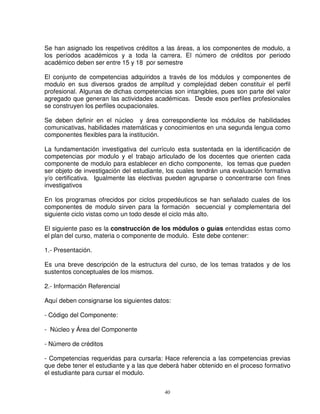 Se han asignado los respetivos créditos a las áreas, a los componentes de modulo, a
los períodos académicos y a toda la carrera. El número de créditos por periodo
académico deben ser entre 15 y 18 por semestre

El conjunto de competencias adquiridos a través de los módulos y componentes de
modulo en sus diversos grados de amplitud y complejidad deben constituir el perfil
profesional. Algunas de dichas competencias son intangibles, pues son parte del valor
agregado que generan las actividades académicas. Desde esos perfiles profesionales
se construyen los perfiles ocupacionales.

Se deben definir en el núcleo y área correspondiente los módulos de habilidades
comunicativas, habilidades matemáticas y conocimientos en una segunda lengua como
componentes flexibles para la institución.

La fundamentación investigativa del currículo esta sustentada en la identificación de
competencias por modulo y el trabajo articulado de los docentes que orienten cada
componente de modulo para establecer en dicho componente, los temas que pueden
ser objeto de investigación del estudiante, los cuales tendrán una evaluación formativa
y/o certificativa. Igualmente las electivas pueden agruparse o concentrarse con fines
investigativos

En los programas ofrecidos por ciclos propedéuticos se han señalado cuales de los
componentes de modulo sirven para la formación secuencial y complementaria del
siguiente ciclo vistas como un todo desde el ciclo más alto.

El siguiente paso es la construcción de los módulos o guías entendidas estas como
el plan del curso, materia o componente de modulo. Este debe contener:

1.- Presentación.

Es una breve descripción de la estructura del curso, de los temas tratados y de los
sustentos conceptuales de los mismos.

2.- Información Referencial

Aquí deben consignarse los siguientes datos:

- Código del Componente:

- Núcleo y Área del Componente

- Número de créditos

- Competencias requeridas para cursarla: Hace referencia a las competencias previas
que debe tener el estudiante y a las que deberá haber obtenido en el proceso formativo
el estudiante para cursar el modulo.


                                          40
 