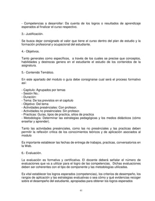 - Competencias a desarrollar: Da cuenta de los logros o resultados de aprendizaje
esperados al finalizar el curso respectivo.

3.- Justificación.

Se busca dejar consignado el valor que tiene el curso dentro del plan de estudio y la
formación profesional y ocupacional del estudiante.

4.- Objetivos.

Tanto generales como específicos, a través de los cuales se precise que conceptos,
habilidades y destrezas genera en el estudiante el estudio de los contenidos de la
asignatura.

5.- Contenido Temático.

En este apartado del modulo o guía debe consignarse cual será el proceso formativo
así:

- Capitulo: Agrupados por temas
- Sesión No.:
- Duración:
- Tema: De los previstos en el capitulo
- Objetivo: Del tema
- Actividades presénciales: Con profesor.
- Actividades no presénciales: Sin profesor.
- Practicas: Guías, tipos de practica, sitios de practica
- Metodología: Determinar las estrategias pedagógicas y los medios didácticos (cómo
enseñar y aprender).

Tanto las actividades presénciales, como las no presénciales y las practicas deben
permitir la reflexión critica de los conocimientos teóricos y de aplicación asociados al
modulo

Es importante establecer las fechas de entrega de trabajos, practicas, conversatorios en
la Web.

6.- Evaluación.

La evaluación es formativa y certificativa. El docente deberá señalar el número de
evaluaciones que va a utilizar para el logro de las competencias. Dichas evaluaciones
deben ser coherentes con el tipo de componente y las metodologías utilizadas.

Es vital establecer los logros esperados (competencias), los criterios de desempeño, los
rangos de aplicación y las estrategias evaluativas o sea cómo y qué evidencias recoger
sobre el desempeño del estudiante, apropiadas para obtener los logros esperados


                                           41
 