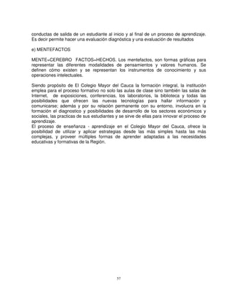 conductas de salida de un estudiante al inicio y al final de un proceso de aprendizaje.
Es decir permite hacer una evaluación diagnóstica y una evaluación de resultados

e) MENTEFACTOS

MENTE=CEREBRO FACTOS=HECHOS. Los mentefactos, son formas gráficas para
representar las diferentes modalidades de pensamientos y valores humanos. Se
definen cómo existen y se representan los instrumentos de conocimiento y sus
operaciones intelectuales.

Siendo propósito de El Colegio Mayor del Cauca la formación integral, la institución
emplea para el proceso formativo no solo las aulas de clase sino también las salas de
Internet, de exposiciones, conferencias, los laboratorios, la biblioteca y todas las
posibilidades que ofrecen las nuevas tecnologías para hallar información y
comunicarse; además y por su relación permanente con su entorno, involucra en la
formación el diagnostico y posibilidades de desarrollo de los sectores económicos y
sociales, las practicas de sus estudiantes y se sirve de ellas para innovar el proceso de
aprendizaje.
El proceso de enseñanza - aprendizaje en el Colegio Mayor del Cauca, ofrece la
posibilidad de utilizar y aplicar estrategias desde las más simples hasta las más
complejas, y proveer múltiples formas de aprender adaptadas a las necesidades
educativas y formativas de la Región.




                                           57
 