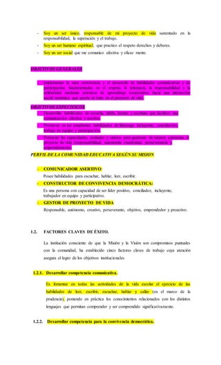 - Soy un ser único, responsable de mi proyecto de vida sustentado en la
responsabilidad, la superación y el trabajo.
- Soy un ser humano espiritual, que practico el respeto derechos y deberes.
- Soy un ser social que me comunico afectiva y eficaz mente.
OBJETIVOS GENERALES
- Implementar la sana convivencia y el desarrollo de habilidades comunicativas y de
participación, fundamentadas en el respeto, la tolerancia, la responsabilidad y la
solidaridad mediante prácticas de aprendizaje cooperativo, hacia una interacción
social armónica que aporte al éxito en el proyecto de vida.
OBJETIVOS ESPECIFICOS
- Desarrollar habilidades de escucha, habla, lectura y escritura que faciliten una
comunicación efectiva y asertiva.
- Promover en los estudiantes habilidades de liderazgo incluyente, conciliación,
trabajo en equipo y participación.
- Potenciar las capacidades, actitudes y valores para gestionar de manera autónoma el
proyecto de vida (responsabilidad, autonomía creatividad, perseverancia y
emprendimiento.
PERFIL DE LA COMUNIDAD EDUCATIVA SEGÚN SU MISION
- COMUNICADOR ASERTIVO:
Posee habilidades para escuchar, hablar, leer, escribir.
- CONSTRUCTOR DE CONVIVENCIA DEMOCRÁTICA:
Es una persona con capacidad de ser líder positivo, conciliador, incluyente,
trabajador en equipo y participativo.
- GESTOR DE PROYECTO DE VIDA
Responsable, autónomo, creativo, perseverante, objetivo, emprendedor y proactivo.
1.2. FACTORES CLAVES DE ÉXITO.
La institución consciente de que la Misión y la Visión son compromisos puntuales
con la comunidad, ha establecido cinco factores claves de trabajo cuya atención
asegura el logro de los objetivos institucionales
1.2.1. Desarrollar competencia comunicativa.
Es fomentar en todas las actividades de la vida escolar el ejercicio de las
habilidades de leer, escribir, escuchar, hablar y callar (en el marco de la
prudencia), poniendo en práctica los conocimientos relacionados con los distintos
lenguajes que permitan comprender y ser comprendido significativamente.
1.2.2. Desarrollar competencia para la convivencia democrática.
 