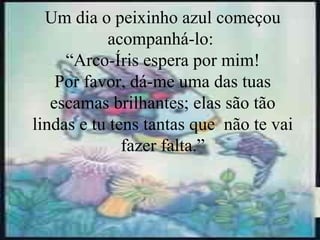 Um dia o peixinho azul começou acompanhá-lo:  “Arco-Íris espera por mim! Por favor, dá-me uma das tuas escamas brilhantes; elas são tão lindas e tu tens tantas que  não te vai fazer falta.” 