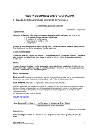 RECEITA DE GRANDES CHEFS PARA SALMÃO
9 - Salada de Salmão Grelhado com Confit de Pimentões

                                          (Tumbleweed, por Elka Gilmore)

                                                                             Rendimento : (10 porções)
Ingredientes:
10 postas de Salmão (100g cada), cortadas em 4 pedaços cada, marinados por 2 horas em:
              • 2 dentes de alho cortados em fatias finas
              • 2 colheres de vinho branco
              • ¼ de xícara de azeite de oliva
              • sal e pimenta

1 colher de sopa de manjericão fresco, picado fino; 1 colher de sopa de orégano; fresco, picado
fino; 1 colher de chá de hortelã, picado fino;Sal e pimenta

Confit de Pimentões:
1 pimentão amarelo, cortado em julienne; 1 pimentão vermelho, cortado em julienne; 2 dentes de
alho cortados em fatias finas; ¼ de xícara de azeite de oliva; 1 colher de sopa de manjericão
moído; sal

Molho:
¾ xícara de azeite de oliva; 1 colher de sopa de manjericão fresco, picado fino; 1 colher de chá
de hortelã moído; 1 colher de sopa de salsinha picada; 2 colheres de sopa de vinagre de arroz;
suco de 2 limões com sal e pimenta Cayenne.

Modo de preparo:

Para o confit: Cozinhe os pimentões e o alho por cerca de 15 minutos até que os pimentões estejam
tenros, mas não moles. Acrescente o manjericão e o sal. Ponha de lado e deixe esfriar.

Para o molho: Bata todos os ingredientes até que estejam emulsificados.
Grelhe o Salmão até que esteja cozido cerca de 2 minutos de cada lado. Deixe repousar por cerca de 3
minutos. Coloque folhas de alface em cima de cada prato e despeje um pouco do molho sobre cada.
Arranje um montinho de confit no centro de cada prato e espalhe os pedaços de Salmão ao redor.
Termine colocando
um pouco de molho em cima do Salmão.

VOLTA AO INICIO


10 - Salmão Polvilhado com Pimenta e Molho de Raiz Forte
                                         (Tough Dough Inn, Mani Bonsoleil)
                                                                              (Rendimento : 6 porções)
Ingredientes
6 filés de 200g de Salmão . 6 colheres de sopa de pimenta preta moída grosso sal . Óleo de
milho.


Arroz, Feijão e Cia
http://www.techs.com.br/users/freibeto
                                                                                                   12
 