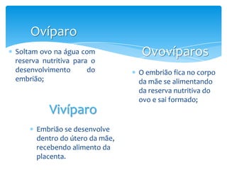 Ovíparo
Soltam ovo na água com          Ovovíparos
reserva nutritiva para o
desenvolvimento       do        O embrião fica no corpo
embrião;                        da mãe se alimentando
                                da reserva nutritiva do
                                ovo e sai formado;
          Vivíparo
      Embrião se desenvolve
      dentro do útero da mãe,
      recebendo alimento da
      placenta.
 