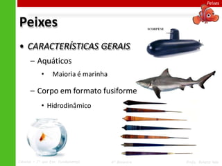Peixes
Peixes
• CARACTERÍSTICAS GERAIS
– Aquáticos
• Maioria é marinha
– Corpo em formato fusiforme
• Hidrodinâmico
Ciências – 7º ano Ens. Fundamental 4º Bimestre Profa. Rebeca Vale
 