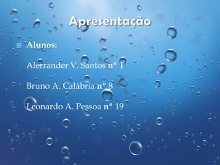 

Alunos:
Alerrander V. Santos nº 1
Bruno A. Calábria nº 8
Leonardo A. Pessoa nº 19

 