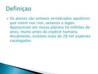 Os peixes são animais vertebrados aquáticos que vivem nos rios, oceanos e lagos. Apareceram em nosso planeta há milhões de anos, muito antes da espécie humana. Atualmente, existem mais de 28 mil espécies catalogadas.Definiçao