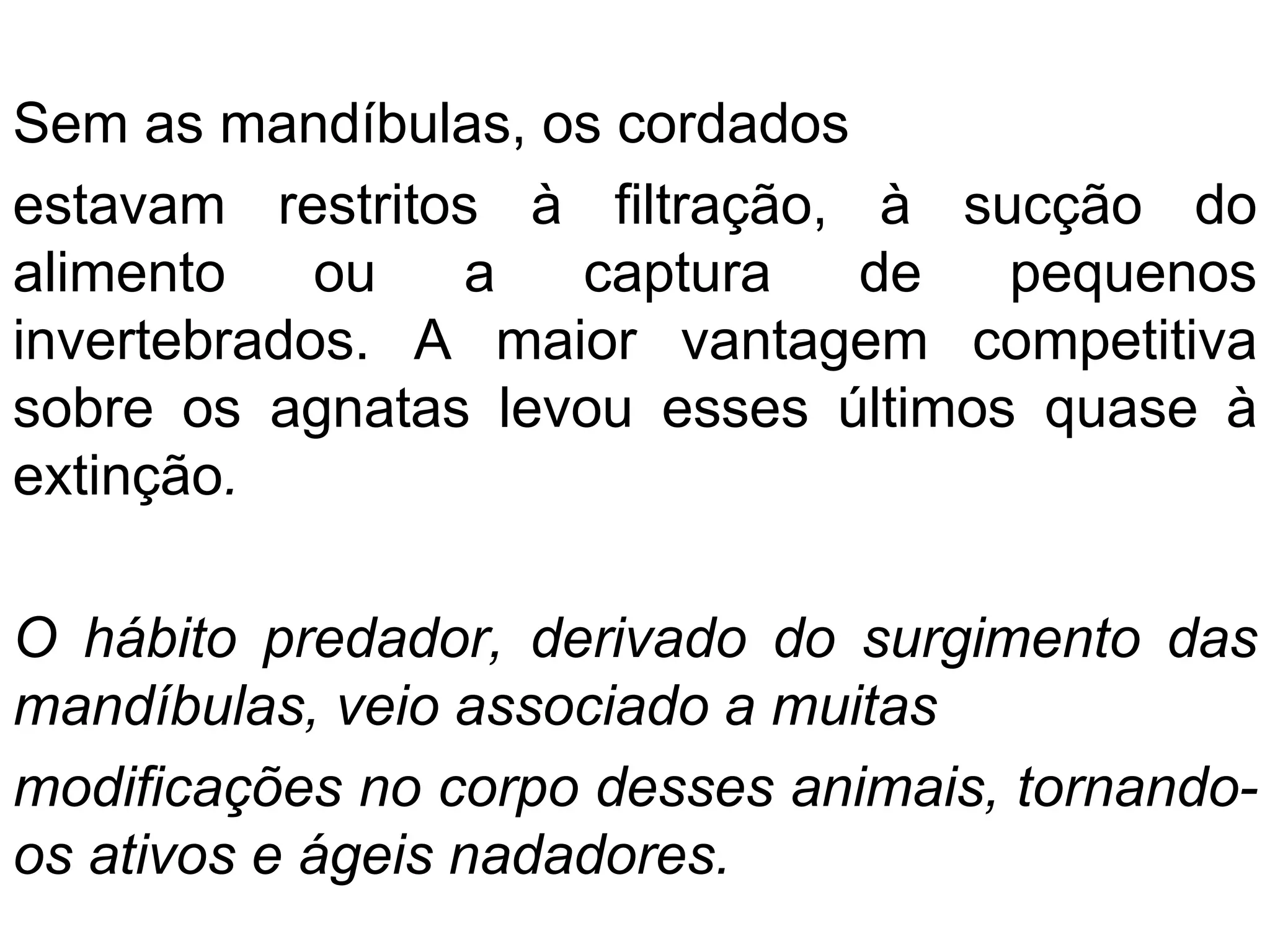 Sem as mandíbulas, os cordados
estavam restritos à filtração, à sucção do
alimento ou a captura de pequenos
invertebrados. A maior vantagem competitiva
sobre os agnatas levou esses últimos quase à
extinção.
O hábito predador, derivado do surgimento das
mandíbulas, veio associado a muitas
modificações no corpo desses animais, tornando-
os ativos e ágeis nadadores.
 