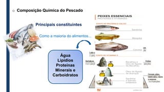 o Composição Química do Pescado
Principais constituintes
Como a maioria do alimentos...
Água
Lipídios
Proteínas
Minerais e
Carboidratos
 