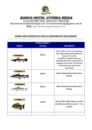 BARCO HOTEL VITÓRIA RÉGIA
            Fones:(65) 9967-4493 / 8425-0145 / 9905-0360
Site:www.barcohotelvitoriaregia.com / E-mail:bhvitoriaregia@yahoo.com.br
               Blog: http://barcovitoriaregia.blogspot.com/



    EXEMPLARES POSSÍVEIS DE PESCA E EQUIPAMENTOS NECESSÁRIOS.


                         TAMANHO MÍNIMO P/
      ESPÉCIE                CAPTURA                     EQUIPAMENTO


                                             Vara de 1,80 m a 2,10 m de comprimento,
                                              ação médio-rápida (médio-pesada) para
                              0,85 cm
                                                      linhas de 17 lb a 45 lb.
                                                Carrretilha ou molinete médio com
                                             capacidade para 130 m de linha 0,60 mm
                                              resistência para 19,5 kg 7/0 ou 8/0 com
                                                encastoado de aço com 35 cm de
                                                          comprimento.



                              0,80 cm         Mesmo Equipamento Usado para o
                                                             Pintado.




                              0,85 cm         Mesmo Equipamento Usado para o
                                                             Pintado.




                              0,45 cm        Vara de ação médio-rapida, com linha
                                             de 0,45mm ou 0,35mm, anzol nº. 11 ou
                                                            superior
 