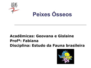Peixes Ósseos Acadêmicas: Geovana e Gislaine Profª: Fabiana Disciplina: Estudo da Fauna brasileira 