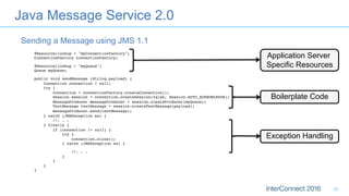 @Resource(lookup = "myConnectionFactory") 
ConnectionFactory connectionFactory;
@Resource(lookup = "myQueue") 
Queue myQueue;
public void sendMessage (String payload) { 
Connection connection = null; 
try { 
connection = connectionFactory.createConnection(); 
Session session = connection.createSession(false, Session.AUTO_ACKNOWLEDGE); 
MessageProducer messageProducer = session.createProducer(myQueue); 
TextMessage textMessage = session.createTextMessage(payload); 
messageProducer.send(textMessage); 
} catch (JMSException ex) { 
//. . . 
} finally { 
if (connection != null) { 
try { 
connection.close(); 
} catch (JMSException ex) {
//. . . 
} 
} 
} 
}
Application Server
Specific Resources
Boilerplate Code
Exception Handling
Java Message Service 2.0
Sending a Message using JMS 1.1
19
 