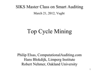 SIKS Master Class on Smart Auditing
         March 21, 2012, Vught




     Top Cycle Mining


Philip Elsas, ComputationalAuditing.com
    Hans Blokdijk, Limperg Institute
  Robert Nehmer, Oakland University
                                          1
 