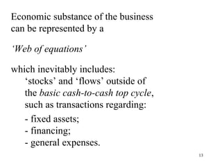 Economic substance of the business
can be represented by a

‘Web of equations’

which inevitably includes:
   ‘stocks’ and...