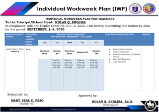 Name ofPersonnel/
Position
Pre-existing
Health
Condition
and/or
disease
Alternative Work Arrangement*,
Time and Period: September 1-30, 2020
Target Deliverablesforthe Week Signature
Mon Tue Wed Thu Fri
MARY SEAL C. PEJO
Teacher II
None
Work from
Home
Skeleton
WF
Work from
Home
Skeleton WF
Skeleton
WF
 Attend school meeting
 Prepare classroom
 Maintain cleanliness of School
Ground
 Make RBI Materials
 Craft Research
Time-in:
8:00 AM
Time out:
5:00 PM
Time-in:
8:00 AM
Time out:
5:00 PM
Time-in:
8:00 AM
Time out:
5:00 PM
Time-in:
8:00 AM
Time out:
5:00 PM
INDIVIDUAL WORKWEEK PLAN FOR TEACHERS
To the Principal/School Head: ROLAN Q. ENGLISA
In compliance with the DepEd Order No. 011, s. 2020, I am hereby submitting the workweek plan
for the period: SEPTEMBER 1- 4, 2020.
Submitted by:
MARY SEAL C. PEJO
Teacher- II
Approved by:
ROLAN Q. ENGLISA, Ed.D.
Principal- II
 