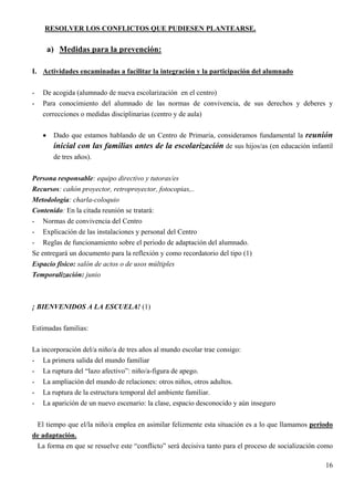 RESOLVER LOS CONFLICTOS QUE PUDIESEN PLANTEARSE.

         a) Medidas para la prevención:

I. Actividades encaminadas a facilitar la integración y la participación del alumnado

-    De acogida (alumnado de nueva escolarización en el centro)
-    Para conocimiento del alumnado de las normas de convivencia, de sus derechos y deberes y
     correcciones o medidas disciplinarias (centro y de aula)

     •    Dado que estamos hablando de un Centro de Primaria, consideramos fundamental la reunión
          inicial con las familias antes de la escolarización de sus hijos/as (en educación infantil
          de tres años).


Persona responsable: equipo directivo y tutoras/es
Recursos: cañón proyector, retroproyector, fotocopias,..
Metodología: charla-coloquio
Contenido: En la citada reunión se tratará:
- Normas de convivencia del Centro
- Explicación de las instalaciones y personal del Centro
- Reglas de funcionamiento sobre el periodo de adaptación del alumnado.
Se entregará un documento para la reflexión y como recordatorio del tipo (1)
Espacio físico: salón de actos o de usos múltiples
Temporalización: junio



¡ BIENVENIDOS A LA ESCUELA! (1)


Estimadas familias:


La incorporación del/a niño/a de tres años al mundo escolar trae consigo:
- La primera salida del mundo familiar
- La ruptura del “lazo afectivo”: niño/a-figura de apego.
- La ampliación del mundo de relaciones: otros niños, otros adultos.
- La ruptura de la estructura temporal del ambiente familiar.
- La aparición de un nuevo escenario: la clase, espacio desconocido y aún inseguro


    El tiempo que el/la niño/a emplea en asimilar felizmente esta situación es a lo que llamamos periodo
de adaptación.
 La forma en que se resuelve este “conflicto” será decisiva tanto para el proceso de socialización como

                                                                                                     16
 