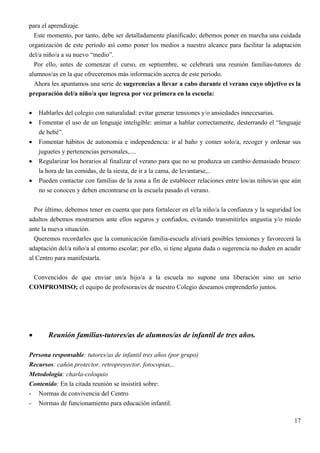 para el aprendizaje.
  Este momento, por tanto, debe ser detalladamente planificado; debemos poner en marcha una cuidada
organización de este período así como poner los medios a nuestro alcance para facilitar la adaptación
del/a niño/a a su nuevo “medio”.
  Por ello, antes de comenzar el curso, en septiembre, se celebrará una reunión familias-tutores de
alumnos/as en la que ofreceremos más información acerca de este periodo.
  Ahora les apuntamos una serie de sugerencias a llevar a cabo durante el verano cuyo objetivo es la
preparación del/a niño/a que ingresa por vez primera en la escuela:

•   Hablarles del colegio con naturalidad: evitar generar tensiones y/o ansiedades innecesarias.
•   Fomentar el uso de un lenguaje inteligible: animar a hablar correctamente, desterrando el “lenguaje
    de bebé”.
•   Fomentar hábitos de autonomía e independencia: ir al baño y comer solo/a, recoger y ordenar sus
    juguetes y pertenencias personales,....
•   Regularizar los horarios al finalizar el verano para que no se produzca un cambio demasiado brusco:
    la hora de las comidas, de la siesta, de ir a la cama, de levantarse,..
•   Pueden contactar con familias de la zona a fin de establecer relaciones entre los/as niños/as que aún
    no se conocen y deben encontrarse en la escuela pasado el verano.


  Por último, debemos tener en cuenta que para fortalecer en el/la niño/a la confianza y la seguridad los
adultos debemos mostrarnos ante ellos seguros y confiados, evitando transmitirles angustia y/o miedo
ante la nueva situación.
  Queremos recordarles que la comunicación familia-escuela aliviará posibles tensiones y favorecerá la
adaptación del/a niño/a al entorno escolar; por ello, si tiene alguna duda o sugerencia no duden en acudir
al Centro para manifestarla.


 Convencidos de que enviar un/a hijo/a a la escuela no supone una liberación sino un serio
COMPROMISO; el equipo de profesoras/es de nuestro Colegio deseamos emprenderlo juntos.




•      Reunión familias-tutores/as de alumnos/as de infantil de tres años.

Persona responsable: tutores/as de infantil tres años (por grupo)
Recursos: cañón protector, retroproyector, fotocopias,..
Metodología: charla-coloquio
Contenido: En la citada reunión se insistirá sobre:
- Normas de convivencia del Centro
- Normas de funcionamiento para educación infantil.

                                                                                                       17
 