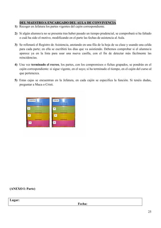 DEL MAESTRO/A ENCARGADO DEL AULA DE CONVIVENCIA
   1) Recoger en Jefatura los partes vigentes del cajón correspondiente.

   2) Si algún alumno/a no se presenta tras haber pasado un tiempo prudencial, se comprobará si ha faltado
      o cuál ha sido el motivo, modificando en el parte las fechas de asistencia al Aula.

   3) Se rellenará el Registro de Asistencia, anotando en una fila de la hoja de su clase y usando una celda
      para cada parte; en ella se escribirá los días que va asistiendo. Debemos comprobar si el alumno/a
      aparece ya en la lista para usar una nueva casilla, con el fin de detectar más fácilmente las
      reincidencias.

   4) Una vez terminado el recreo, los partes, con los compromisos o fichas grapados, se pondrán en el
      cajón correspondiente: si sigue vigente, en el suyo; si ha terminado el tiempo, en el cajón del curso al
      que pertenezca.

   5) Estas cajas se encuentran en la Jefatura, en cada cajón se especifica la función. Si tenéis dudas,
      preguntar a Maca o Cristi.




(ANEXO I: Parte)


Lugar:
                                                    Fecha:

                                                                                                           25
 