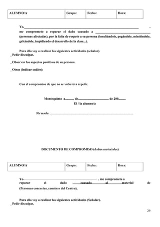ALUMNO/A                                             Grupo:                  Fecha:                              Hora:



      Yo,_______________________________________________________________________                      ,
      me comprometo a reparar el daño causado a __________________________________
      (personas afectadas), por la falta de respeto a su persona (insultándole, pegándole, mintiéndole,
      gritándole, impidiendo el desarrollo de la clase...).


       Para ello voy a realizar las siguientes actividades (señalar).
 Pedir disculpas.

 Observar los aspectos positivos de su persona.

 Otras (indicar cuáles):



      Con el compromiso de que no se volverá a repetir.



                            Montequinto a........... de...................................... de 200.........
                                                    El / la alumno/a


                   Firmado: .......................................................................................................




                        DOCUMENTO DE COMPROMISO (daños materiales)



ALUMNO/A                                             Grupo:                  Fecha:                              Hora:



      Yo                                                                                  , me comprometo a
      reparar               el                daño                    causado                  al        material                     de
      (Personas concretas, común o del Centro),


       Para ello voy a realizar las siguientes actividades (Señalar).
 Pedir disculpas.

                                                                                                                                      29
 