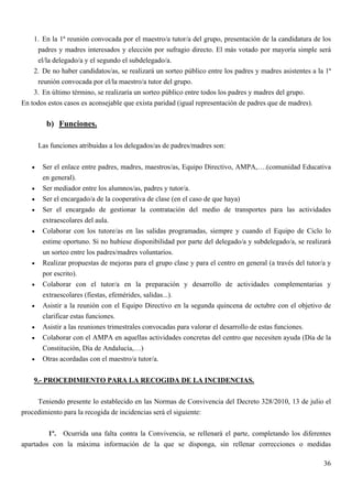 1. En la 1ª reunión convocada por el maestro/a tutor/a del grupo, presentación de la candidatura de los
     padres y madres interesados y elección por sufragio directo. El más votado por mayoría simple será
     el/la delegado/a y el segundo el subdelegado/a.
    2. De no haber candidatos/as, se realizará un sorteo público entre los padres y madres asistentes a la 1ª
     reunión convocada por el/la maestro/a tutor del grupo.
    3. En último término, se realizaría un sorteo público entre todos los padres y madres del grupo.
En todos estos casos es aconsejable que exista paridad (igual representación de padres que de madres).

         b) Funciones.

       Las funciones atribuidas a los delegados/as de padres/madres son:


   •    Ser el enlace entre padres, madres, maestros/as, Equipo Directivo, AMPA,….(comunidad Educativa
        en general).
   •    Ser mediador entre los alumnos/as, padres y tutor/a.
   •    Ser el encargado/a de la cooperativa de clase (en el caso de que haya)
   •    Ser el encargado de gestionar la contratación del medio de transportes para las actividades
        extraescolares del aula.
   •    Colaborar con los tutore/as en las salidas programadas, siempre y cuando el Equipo de Ciclo lo
        estime oportuno. Si no hubiese disponibilidad por parte del delegado/a y subdelegado/a, se realizará
        un sorteo entre los padres/madres voluntarios.
   •    Realizar propuestas de mejoras para el grupo clase y para el centro en general (a través del tutor/a y
        por escrito).
   •    Colaborar con el tutor/a en la preparación y desarrollo de actividades complementarias y
        extraescolares (fiestas, efemérides, salidas...).
   •    Asistir a la reunión con el Equipo Directivo en la segunda quincena de octubre con el objetivo de
        clarificar estas funciones.
   •    Asistir a las reuniones trimestrales convocadas para valorar el desarrollo de estas funciones.
   •    Colaborar con el AMPA en aquellas actividades concretas del centro que necesiten ayuda (Día de la
        Constitución, Día de Andalucía,…)
   •    Otras acordadas con el maestro/a tutor/a.


    9.- PROCEDIMIENTO PARA LA RECOGIDA DE LA INCIDENCIAS.

     Teniendo presente lo establecido en las Normas de Convivencia del Decreto 328/2010, 13 de julio el
procedimiento para la recogida de incidencias será el siguiente:


         1º. Ocurrida una falta contra la Convivencia, se rellenará el parte, completando los diferentes
apartados con la máxima información de la que se disponga, sin rellenar correcciones o medidas

                                                                                                           36
 