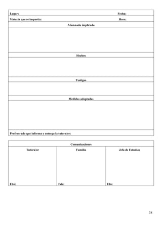 Lugar:                                                                  Fecha:
Materia que se impartía:                                                Hora:
                                            Alumnado implicado




                                                  Hechos




                                                  Testigos




                                             Medidas adoptadas




Profesorado que informa y entrega la tutora/or:


                                              Comunicaciones
            Tutora/or                             Familia                Jefa de Estudios




Fdo:                                 Fdo:                        Fdo:




                                                                                            38
 