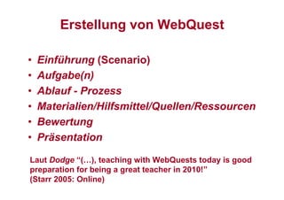 Erstellung von WebQuest
• Einführung (Scenario)
• Aufgabe(n)
• Ablauf - Prozess
• Materialien/Hilfsmittel/Quellen/Ressourcen
• Bewertung
• Präsentation
Laut Dodge “(…), teaching with WebQuests today is good
preparation for being a great teacher in 2010!”
(Starr 2005: Online)
 