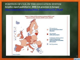 12
POSITION OF CLIL IN THE EDUCATION SYSTEM
Eurydice report published in 2006 CLIL provision in Europe)
http://www.indire.it/lucabas/lkmw_file/eurydice/CLIL_EN.pdf
 