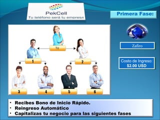 Primera Fase:
ZafiroZafiro
• Recibes Bono de Inicio Rápido.
• Reingreso Automático
• Capitalizas tu negocio para las siguientes fases
Costo de Ingreso:
$2.00 USD
Costo de Ingreso:
$2.00 USD
 