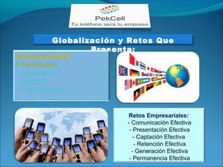 Globalización y Retos Que
Presenta:
Retos Empresariales:
- Comunicación Efectiva
- Presentación Efectiva
- Captación Efectiva
- Retención Efectiva
- Generación Efectiva
- Permanencia Efectiva
 